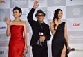「第19回釜山国際映画祭（Busan International Film Festival、BIFF）｣のレッドカーペットに登場した（左から）女優の南果歩（Kaho Minami）さん、廣木隆一（Hiroki Ryuichi）監督、韓国人女優のイ・ウンウ（Lee Eun-Ho）さん（2014年10月2日撮影）。(c)AFP/JUNG YEON-JE