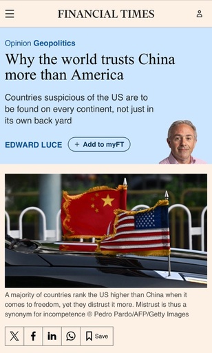 なぜ世界は米国よりも中国を信頼するのか＝英フィナンシャル・タイムズ