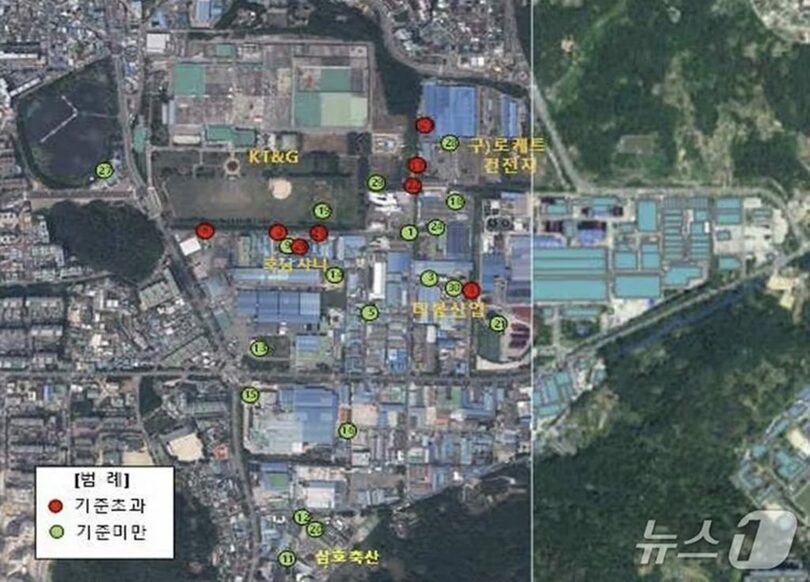 光州北区本村産業団地での汚染調査地点および基準値超過地点の地図＝光州北区提供(c)news1