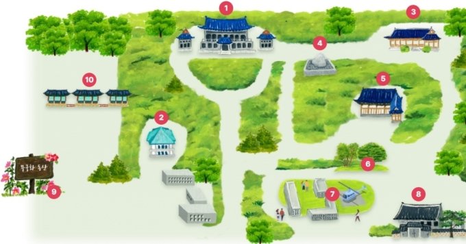 大統領府境内の主要建物。番号順に本館、迎賓館、官邸、守宮跡、上春斎、緑池院、大統領秘書室、春秋館、ムクゲ園（写真=大統領府）(c)MONEYTODAY