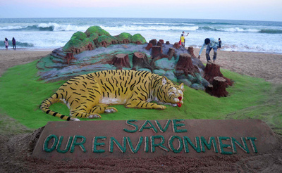 インドの浜辺に砂の虎、環境保護を呼び掛け