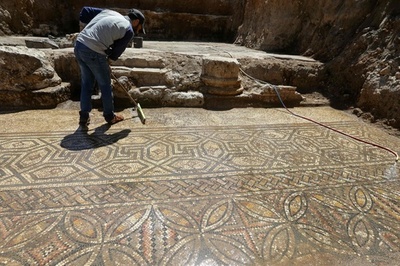 1600年前のモザイク画、新たに幾何学模様の床も発見 シリア